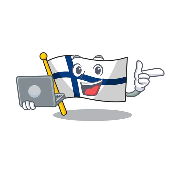 Šťastný úsměv vlajka finland kreslený postava pracující s notebookem — Stockový vektor