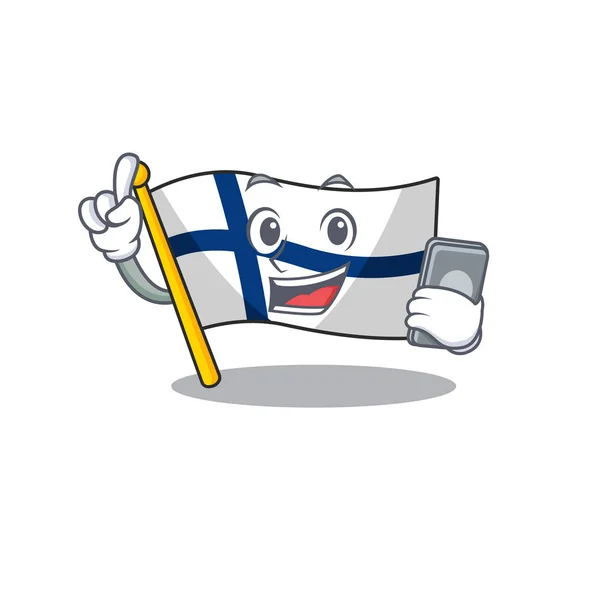 Maskottchen Cartoon Stil der Flagge Finnland sprechen mit Telefon — Stockvektor