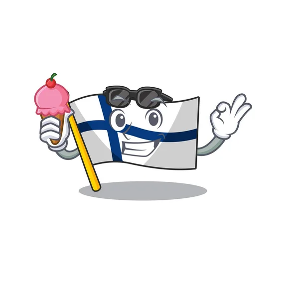 Mascotte cartone animato con bandiera finlandese con gelato — Vettoriale Stock