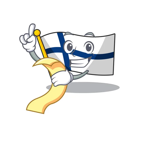 Lindo personaje de dibujos animados Bandera finland con menú listo para servir — Archivo Imágenes Vectoriales