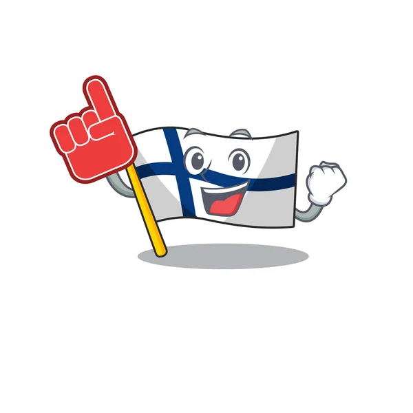 Espuma dedo bandeira finlândia no estilo cartoon mascote —  Vetores de Stock