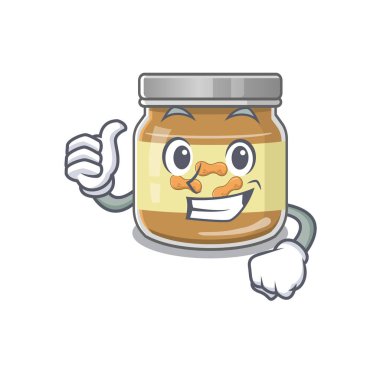 Neşeli fıstık ezmesi başparmak hareketi yapıyor.