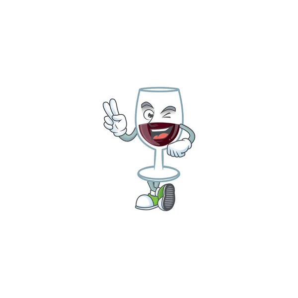 Mascotte de dessin animé design de verre rouge de vin avec deux doigts — Image vectorielle