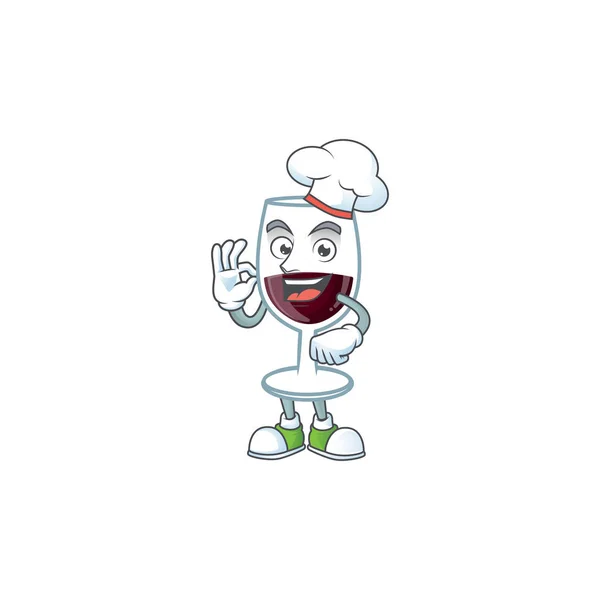 Copo vermelho de vinho personagem de desenho animado vestindo traje de chef e chapéu branco — Vetor de Stock
