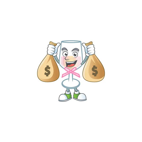 Una foto di ricco bicchiere rosa di personaggio cartone animato vino con due sacchetti di denaro — Vettoriale Stock