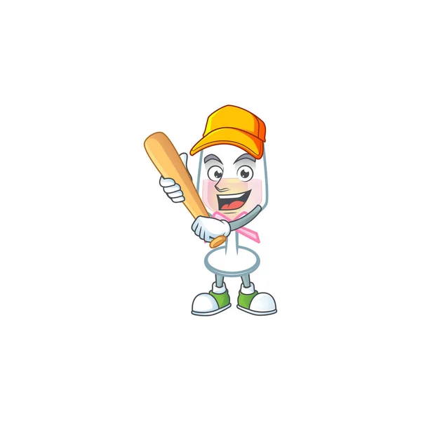 Vidro rosa sorridente desportivo de mascote de desenho animado de vinho com beisebol — Vetor de Stock