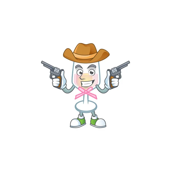 Confident pink glass of wine Cowboy cartoon character holding guns — Stock Vector