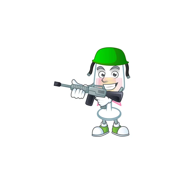 Pink glass of wine carton character in an Army uniform with machine gun — 스톡 벡터