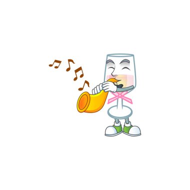 Çizgi film karakteri tarzı pembe cam bardaktaki trompetli şarap performansı