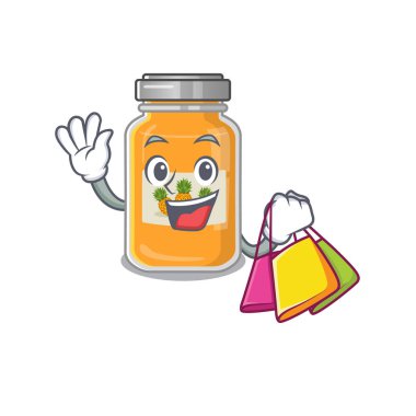 Mutlu, zengin bir ananas reçeli el sallıyor ve alışveriş torbası tutuyor.