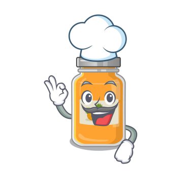 Şef kostümü ve beyaz şapka giyen ananas reçeli çizgi film karakteri.