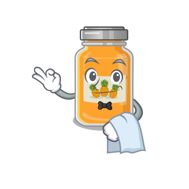 Dost canlısı ananas reçeli karakteri bir garson olarak duruyor.