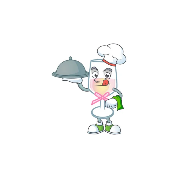 Diseño de dibujos animados de copa de vino rosa como chef que tiene comida en bandeja — Vector de stock