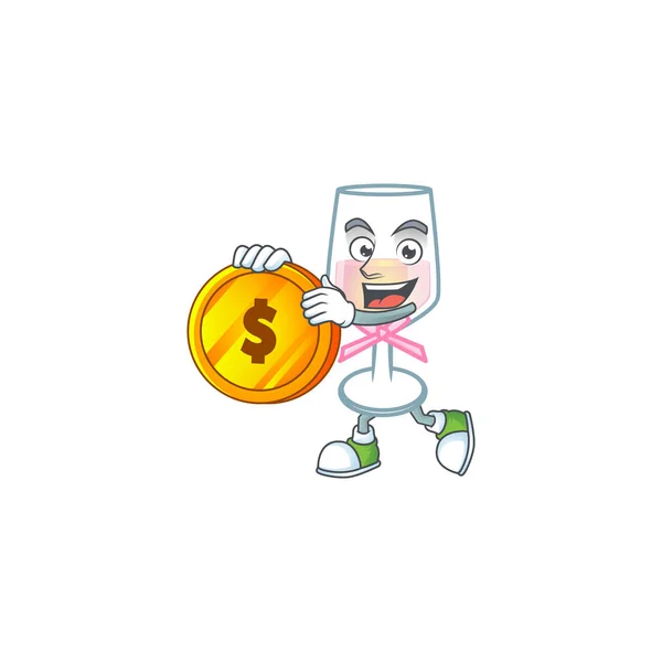 Rico copo rosa de vinho mascote desenho animado estilo com moeda de ouro — Vetor de Stock