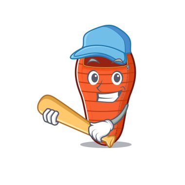 Gülen komik uyku tulumu maskotu beyzbol oynuyor.