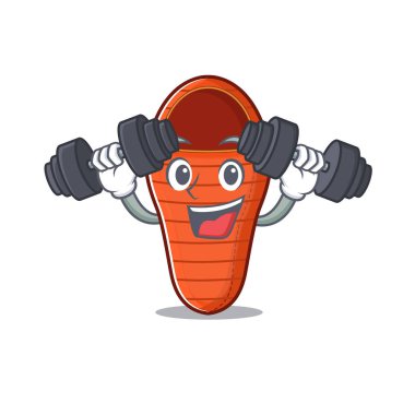 Spor salonu uyku tulumu çizgi film karakteri elinde halter tutuyor.