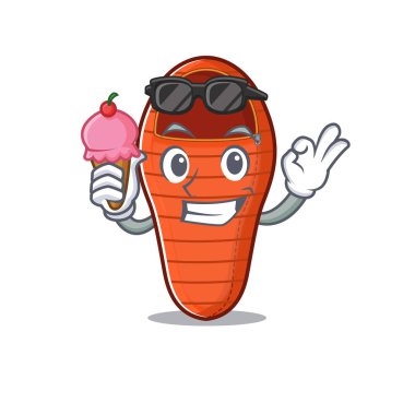 çizgi film maskotu uyku tulumu ve dondurma.