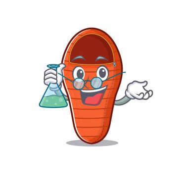 Akıllı Profesör uyku tulumu çizgi film karakteri cam tüp tutuyor.