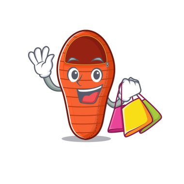 Neşeli uyku tulumu çizgi film karakteri el sallıyor ve alışveriş torbası tutuyor.