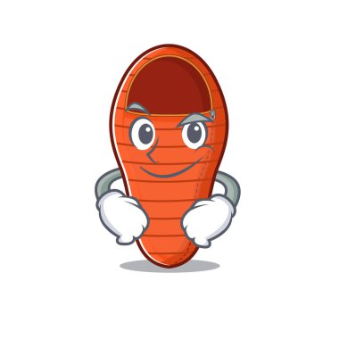 Sırıtan yüzlü uyku tulumu maskot çizgi film stili.