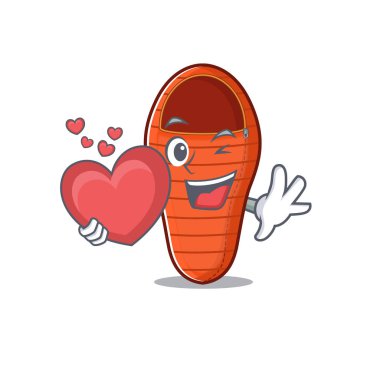 Kalp uyku tulumu çizgi film karakteri maskot tarzıyla