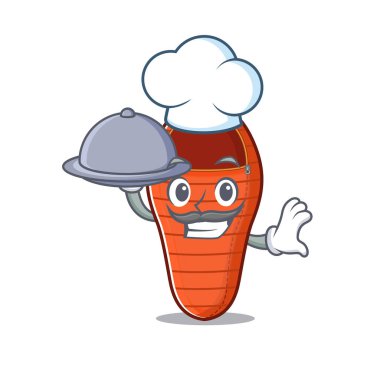 Yemek çizgi film tasarımlı bir şef gibi gülümseyen uyku tulumu.