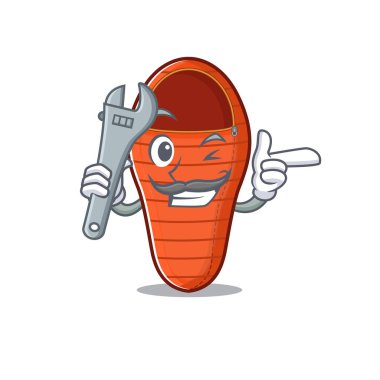 Profesyonel mekanik uyku tulumu maskot karakter tarzı.