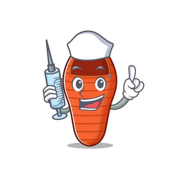 Mignon infirmière sac de couchage personnage dessin animé style avec seringue — Image vectorielle