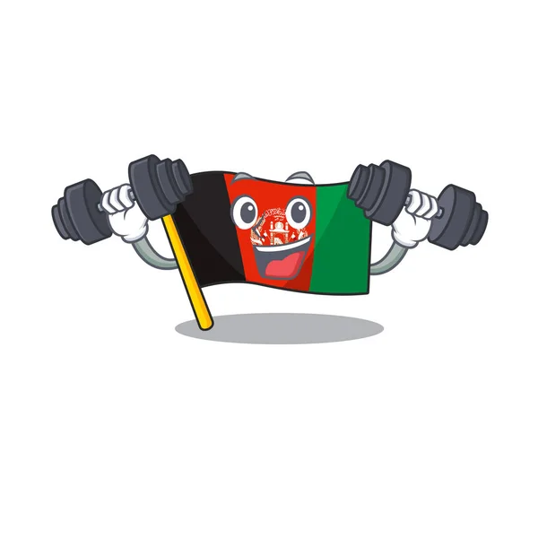 Fröhliche fitness exercise flag afghanistan scroll cartoon figur mit hanteln — Stockvektor