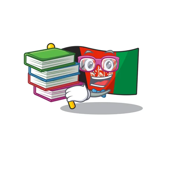 Bandeira de estudante inteligente afghanistan Scroll mascote desenhos animados com livro — Vetor de Stock
