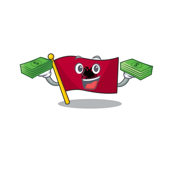 Velmi šťastná vlajka albania Scroll znak s penězi na rukou — Stockový vektor