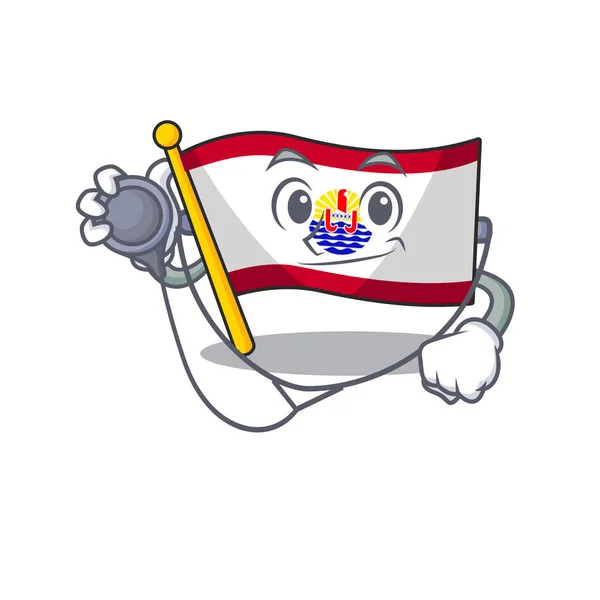 Lindo personaje de dibujos animados de la bandera polinesia francesa Scroll en un Doctor con herramientas — Vector de stock