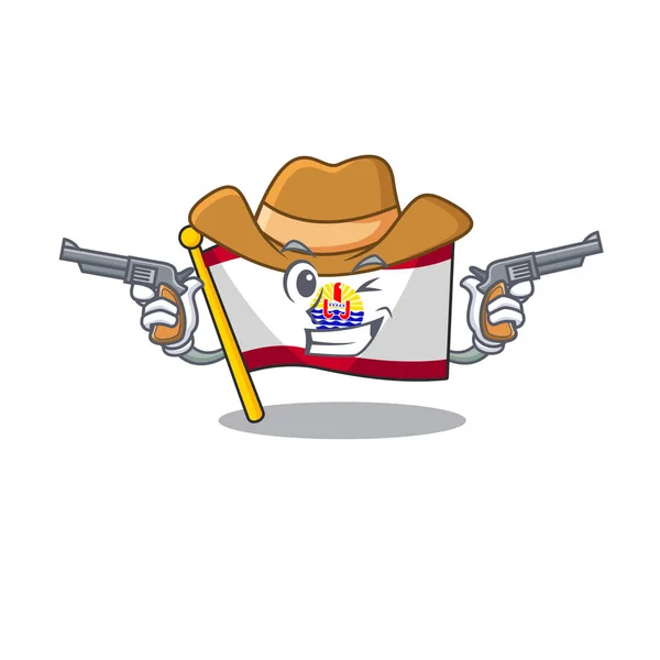 Bandeira French polynesia Scroll mascote realizada como um Cowboy com armas — Vetor de Stock