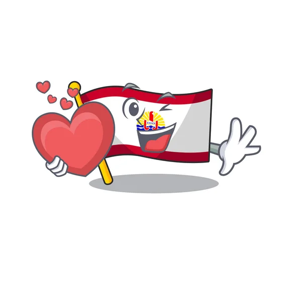 Αστεία σημαία προσώπου Γαλλική Πολυνησία Κύλιση χαρακτήρα κινουμένων σχεδίων με καρδιά — Διανυσματικό Αρχείο