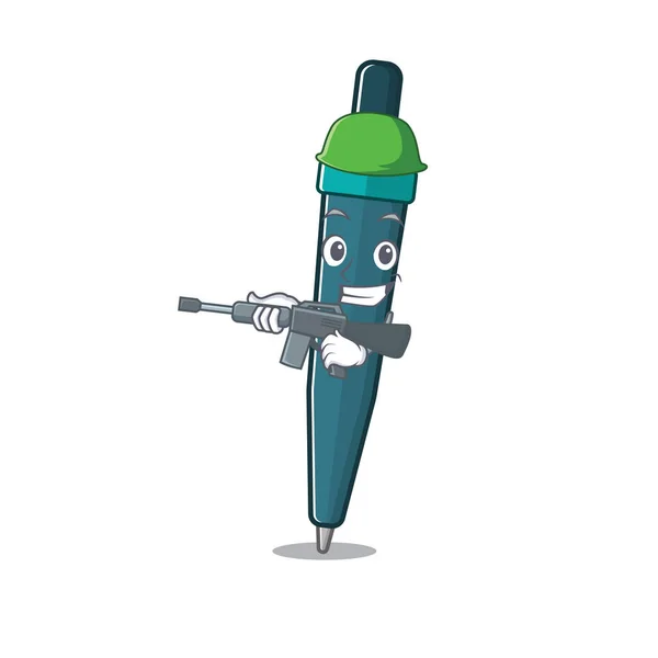 Une mascotte de stylo plume Scroll Army avec mitrailleuse — Image vectorielle