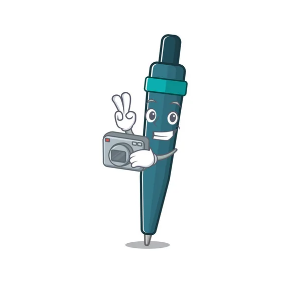 Un professionnel Photographe stylo plume style mascotte Scroll avec un appareil photo — Image vectorielle