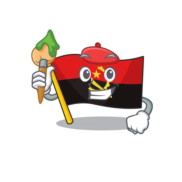 Funny flag angola Scroll Artist cartoon character holding brush — Stock Vector
