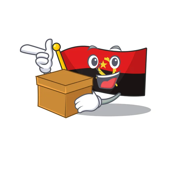 Flag angola Scroll cartoon character bringing a box — Stock Vector