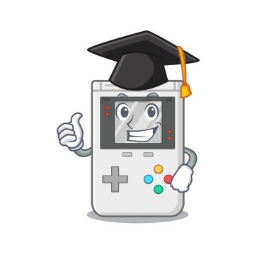 Siyah mezuniyet şapkası takan mutlu el bilgisayarı oyunu Scroll