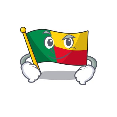 Havalı bayrak benli, sırıtan yüzlü maskot karakter.