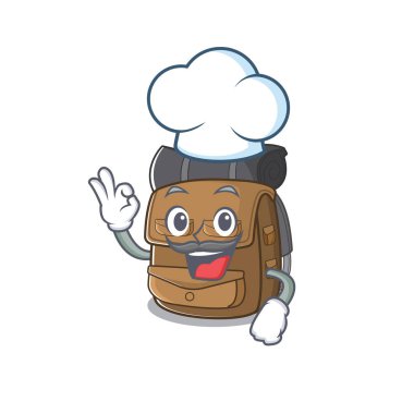 Komik aşçı sırt çantası yürüyüşü. Beyaz şapkalı çizgi film karakteri.