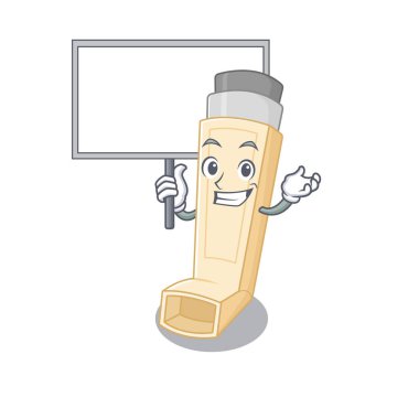 Astım spreyinin şirin bir resmi Sevimli bir çizgi film karakteri bir tahta getirin