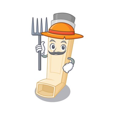 Neşeli Çiftçi astım spreyi. Şapkalı ve aletli karikatür.