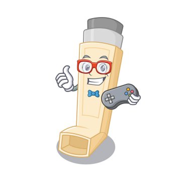 Gülen oyuncu astım spreyi çizgi film maskotu stili.