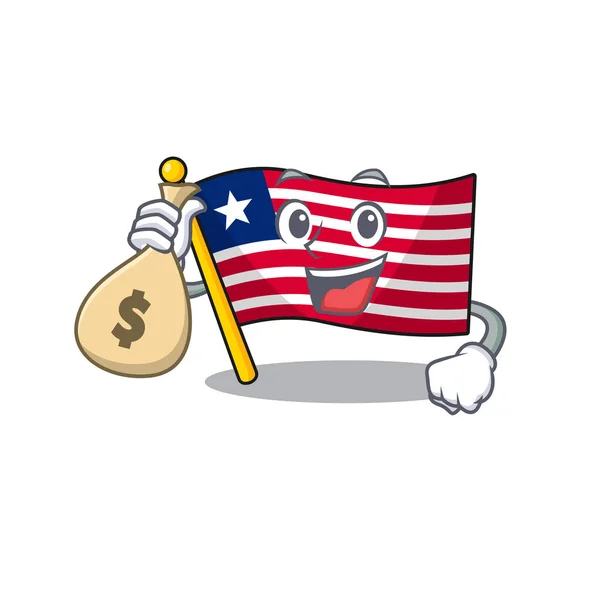 Smiley flagga Liberia Rulla tecknad karaktär med pengar väska — Stock vektor