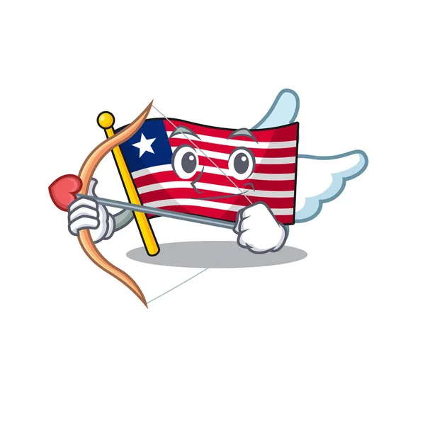 Drapeau mignon liberia Scroll Cupidon personnage de dessin animé avec flèche et ailes — Image vectorielle