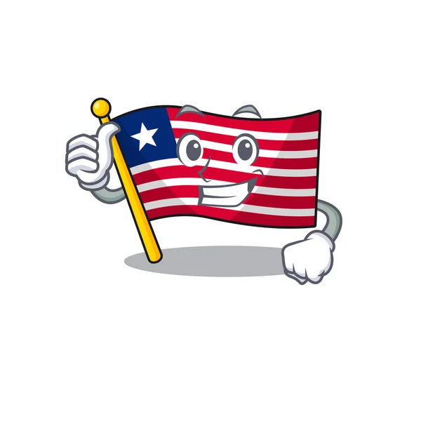 Mascotte sorridente della bandiera liberia Scorrere facendo Pollici fino gesto — Vettoriale Stock