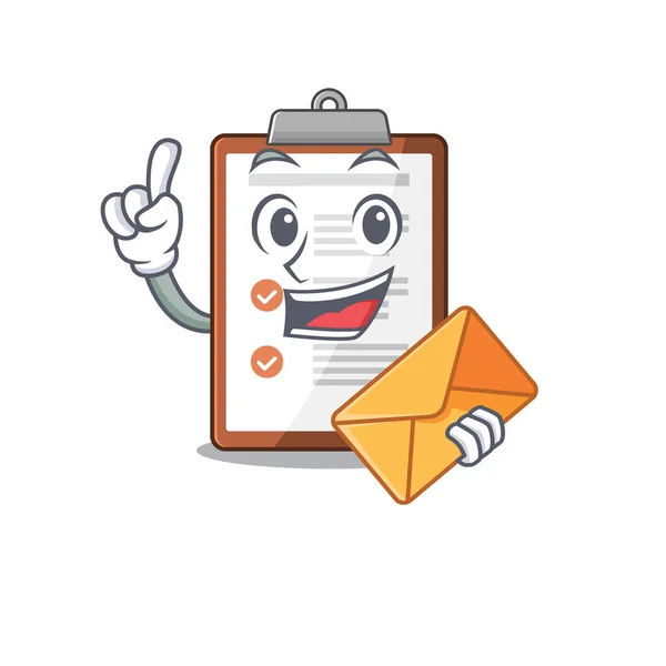 Happy face clipboard Scroll mascotte ontwerp met envelop — Stockvector