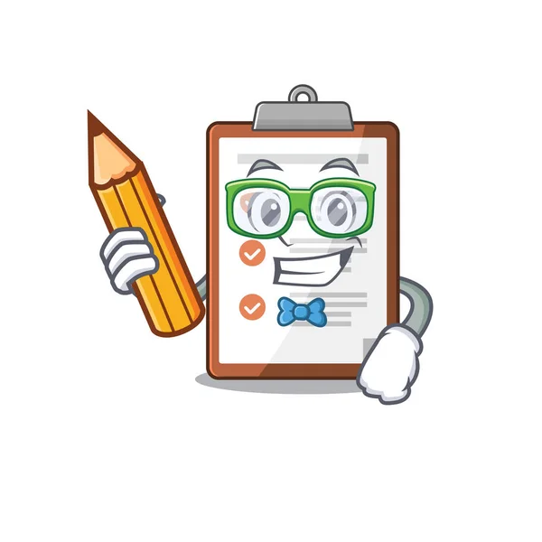 Cool smart Student clipboard Scroll character holding pencil — 스톡 벡터