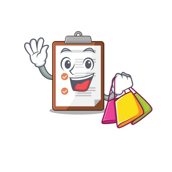 Portapapeles de cara feliz estilo de la mascota del pergamino ondeando y sosteniendo bolsa de compras — Vector de stock